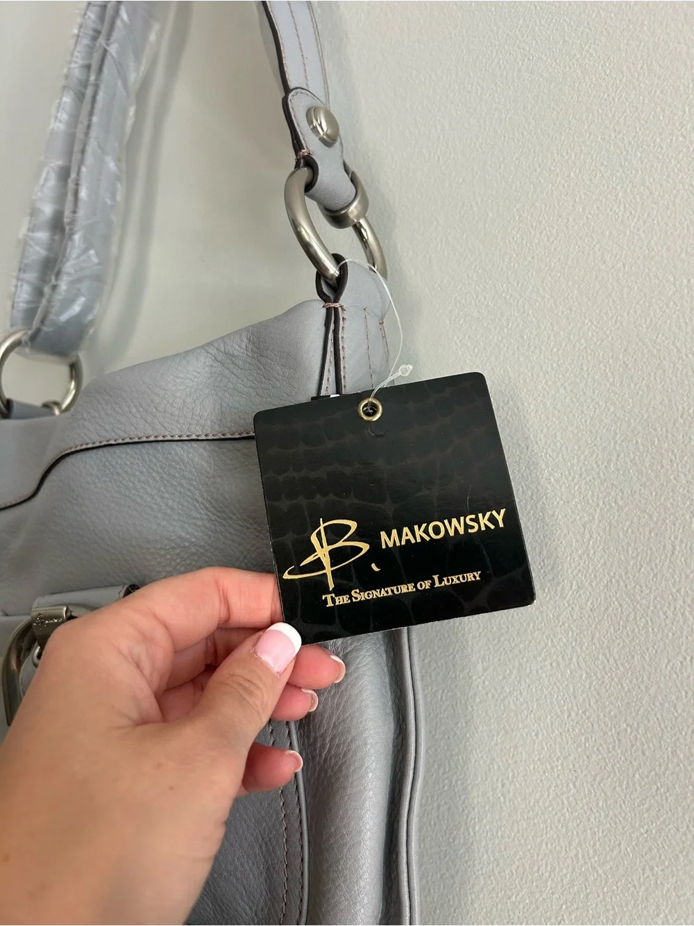 B MAKOWSKY Blue/Gray Leather Shoulder Bag with Silver Buckle
